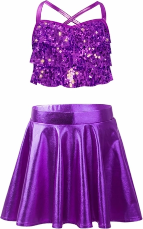 Linjinx Kids Girls Hip Hop Jazz Ballet Latin Rumba Salsa Samba Dance Outfits Sequin Camisole Crop Top and Skirts Set