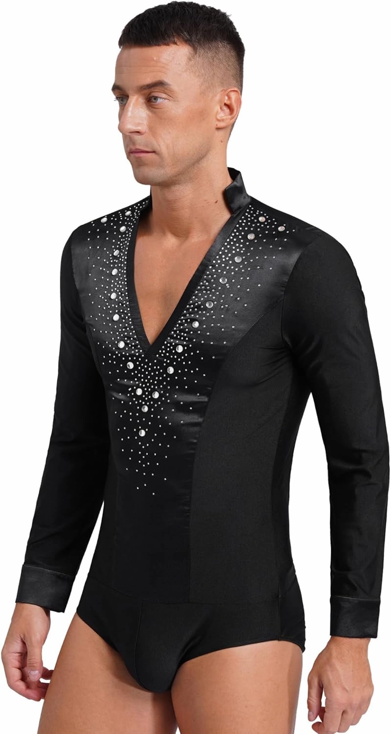 Linjinx Men's Latin Dance Shirt Shiny Rhinestones Chacha Rumba Samba Jazz Leotard Tops Costume