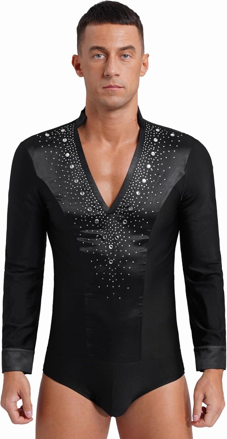 Linjinx Men's Latin Dance Shirt Shiny Rhinestones Chacha Rumba Samba Jazz Leotard Tops Costume