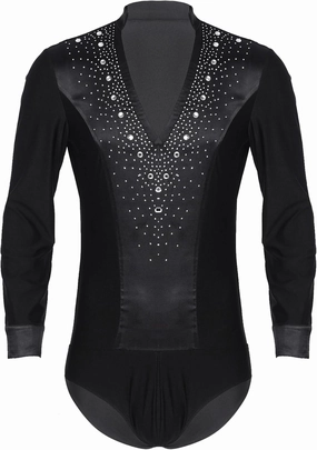 Linjinx Men's Latin Dance Shirt Shiny Rhinestones Chacha Rumba Samba Jazz Leotard Tops Costume