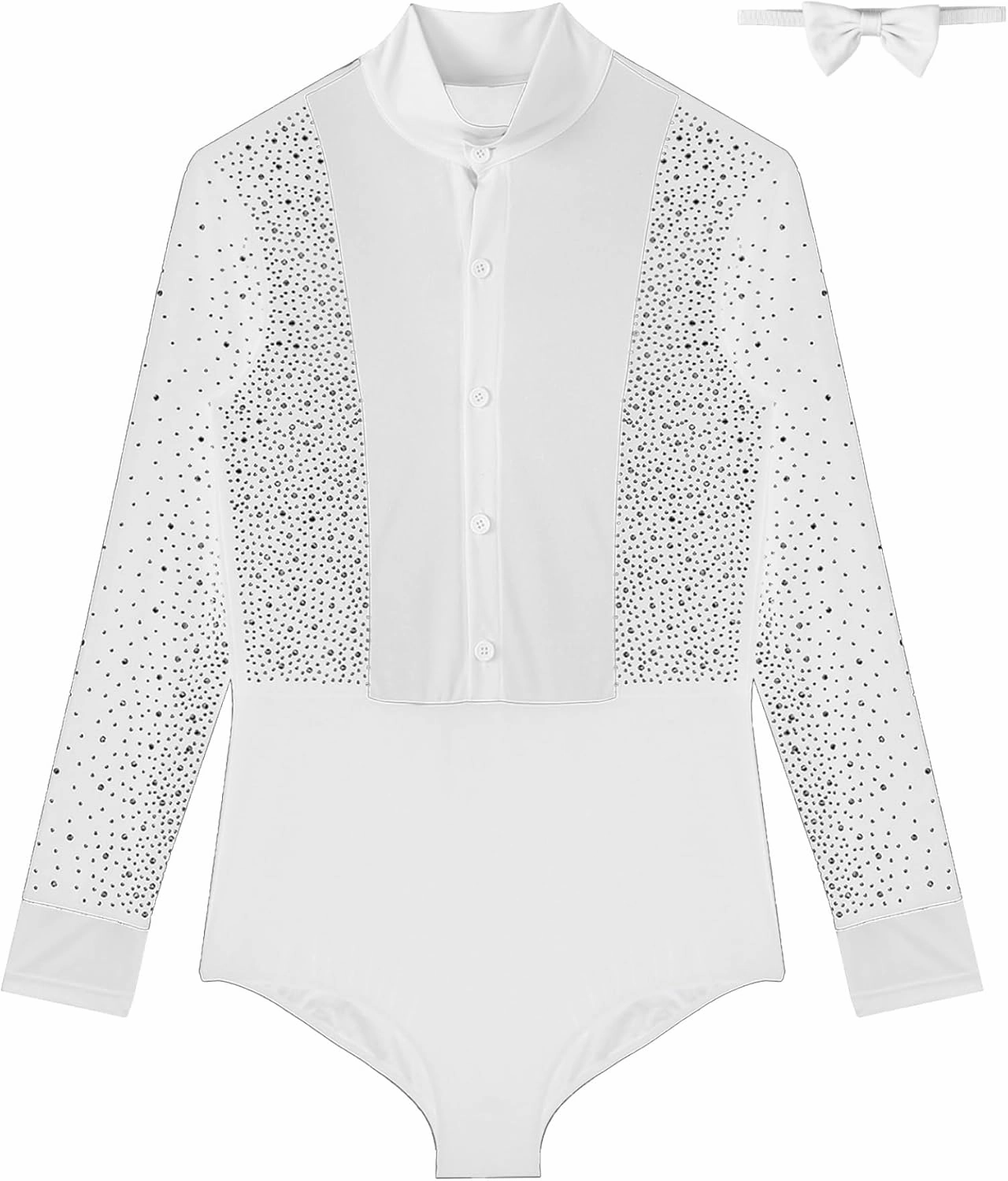 Linjinx Men's Shiny Latin Ballet Dance Shirt Leotard Ballroom Samba Salsa Bodysuit Costume with Bowtie