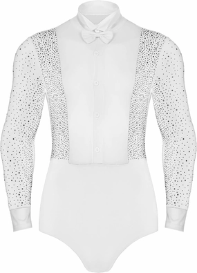 Linjinx Men's Shiny Latin Ballet Dance Shirt Leotard Ballroom Samba Salsa Bodysuit Costume with Bowtie
