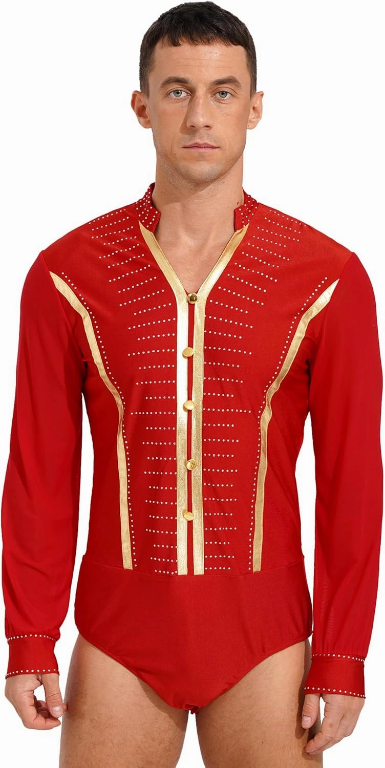 Linjinx Men's Shiny Rhinestones Dance Shirt Leotard Bodysuit Mesh Long Sleeve Ballroom Samba Latin Performance Costume