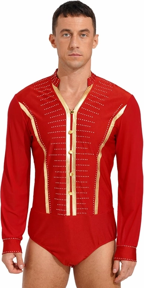 Linjinx Men's Shiny Rhinestones Dance Shirt Leotard Bodysuit Mesh Long Sleeve Ballroom Samba Latin Performance Costume