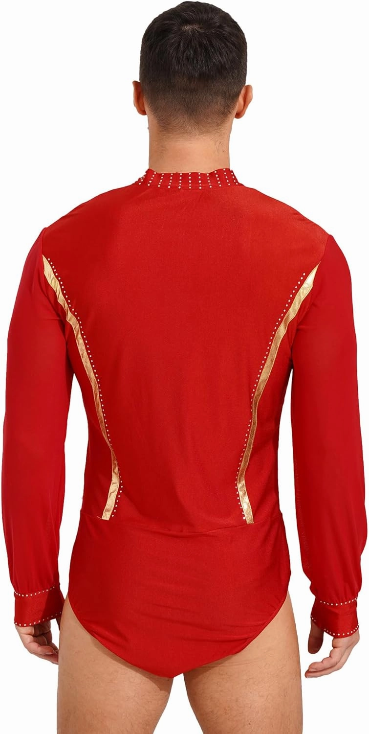 Linjinx Men's Shiny Rhinestones Dance Shirt Leotard Bodysuit Mesh Long Sleeve Ballroom Samba Latin Performance Costume