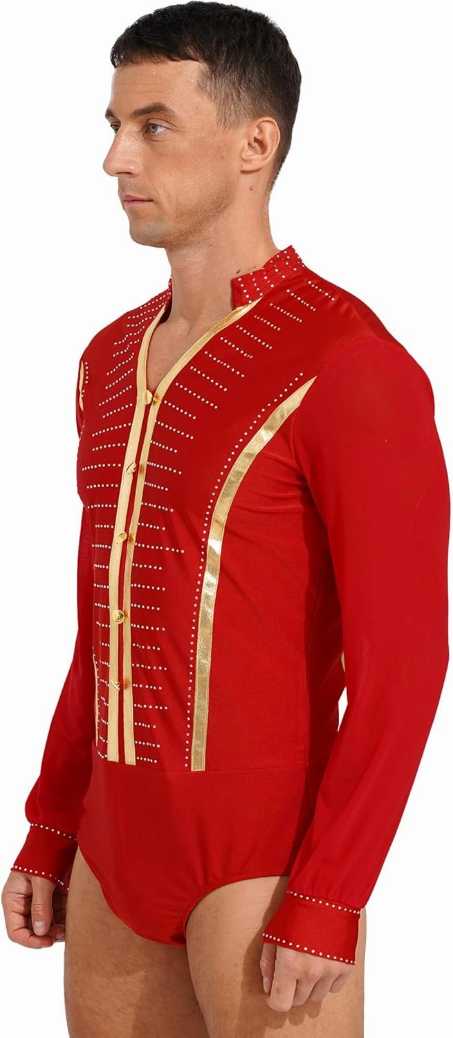Linjinx Men's Shiny Rhinestones Dance Shirt Leotard Bodysuit Mesh Long Sleeve Ballroom Samba Latin Performance Costume