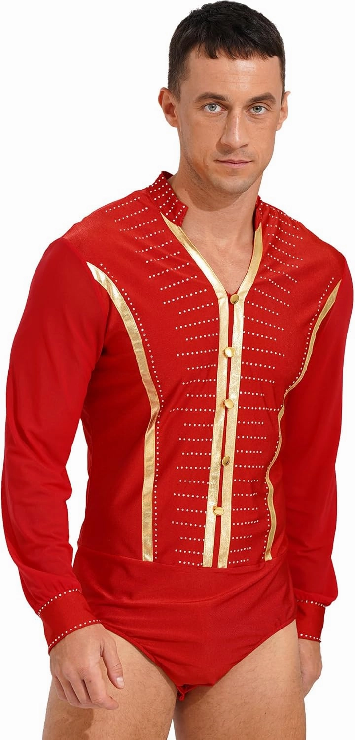 Linjinx Men's Shiny Rhinestones Dance Shirt Leotard Bodysuit Mesh Long Sleeve Ballroom Samba Latin Performance Costume