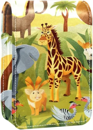 Lipstick Case,Leather Lip Gloss Lipstick Organizer with Mirror,Mini Lipstick Holder Bag,Zoo Cartoon Forest Animals