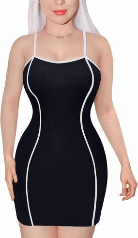 Littleforbig Women Cotton Trendy Retro Patch S-Shaped Adjustable Striped Overall Romper Bodycon Mini Dress