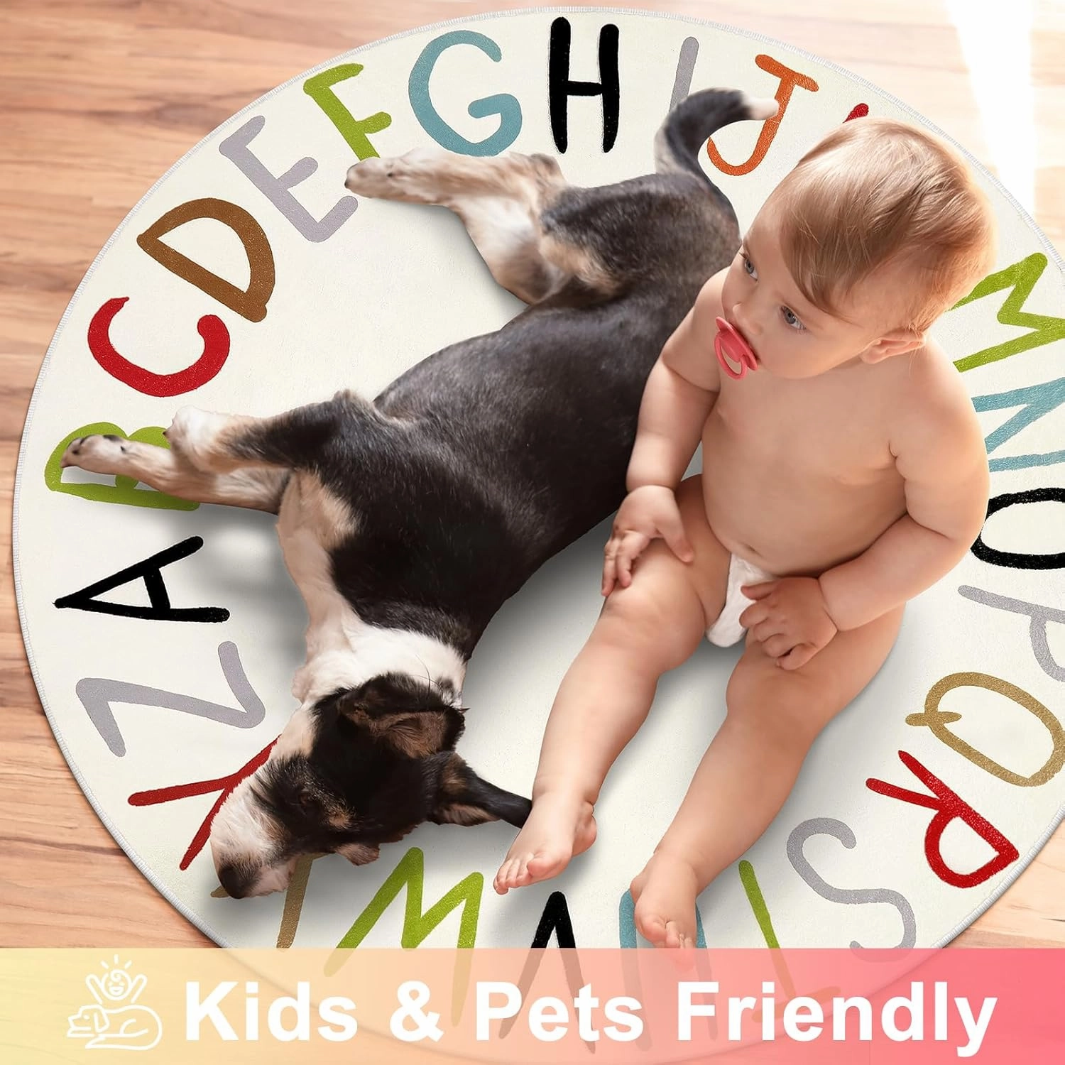 LIVEBOX Colorful Round Kids Rug for Nursery & Playroom - Washable ABC Rainbow Educational Rug (40", Multi Color)