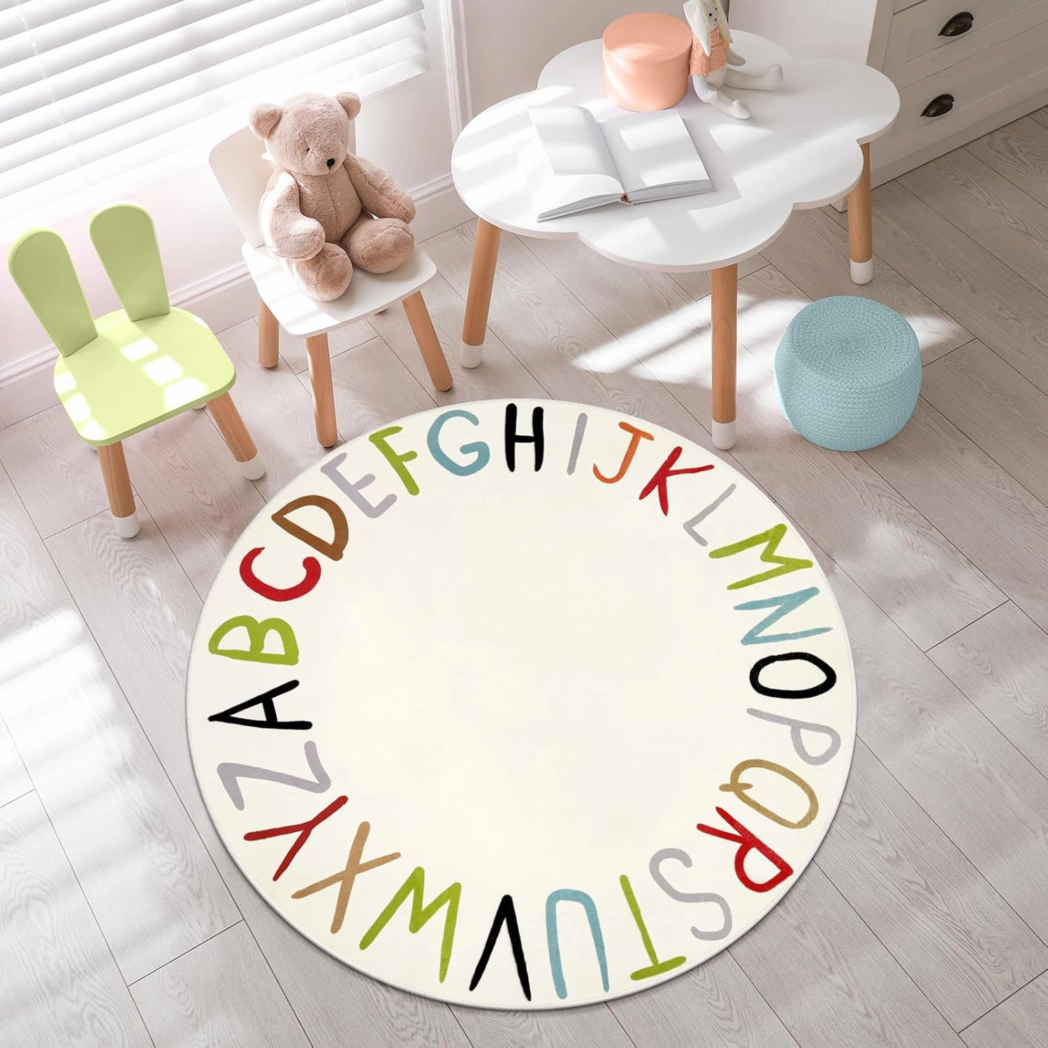 LIVEBOX Colorful Round Kids Rug for Nursery & Playroom - Washable ABC Rainbow Educational Rug (40", Multi Color)