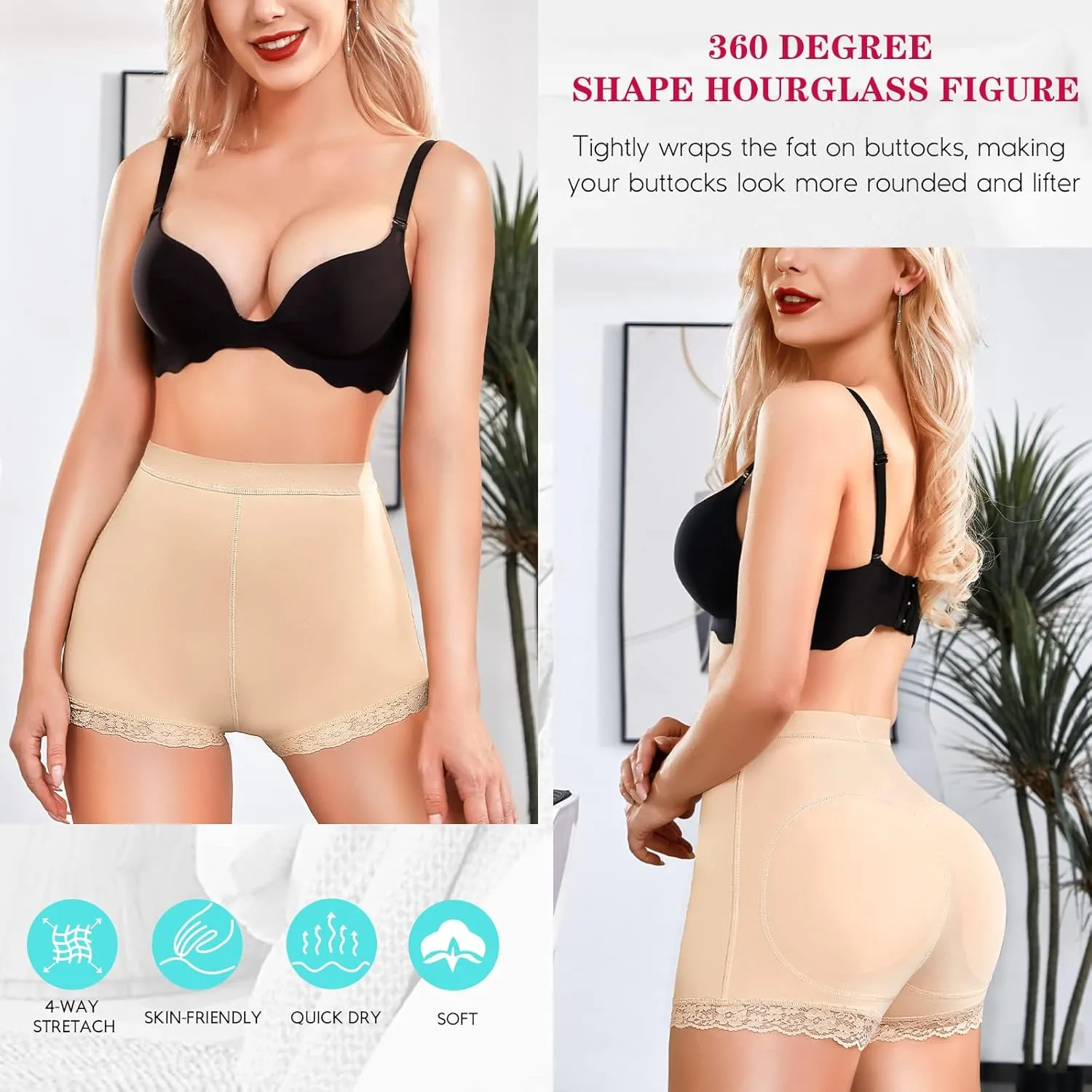 LODAY Womens Butt Lifter Padded Lace Panties Seamless Hip Enahncer Body Shaper Boyshort Underwear