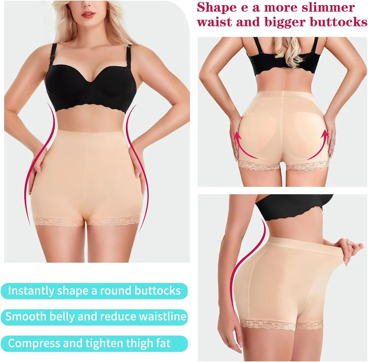 LODAY Womens Butt Lifter Padded Lace Panties Seamless Hip Enahncer Body Shaper Boyshort Underwear