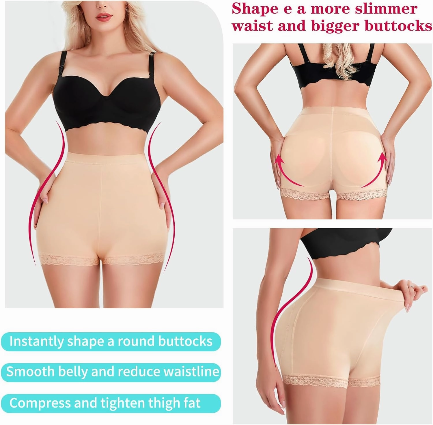 LODAY Womens Butt Lifter Padded Lace Panties Seamless Hip Enahncer Body Shaper Boyshort Underwear