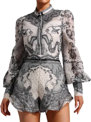 Long Puff Sleeve Printed Floral Two Piece Short Set For Women Mini Vintage Casual Short Set