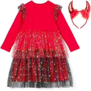 Long Sleeve Halloween Party Tulle Dress Headband Set Costume for Girls Toddler Red US Size 3T~7Y