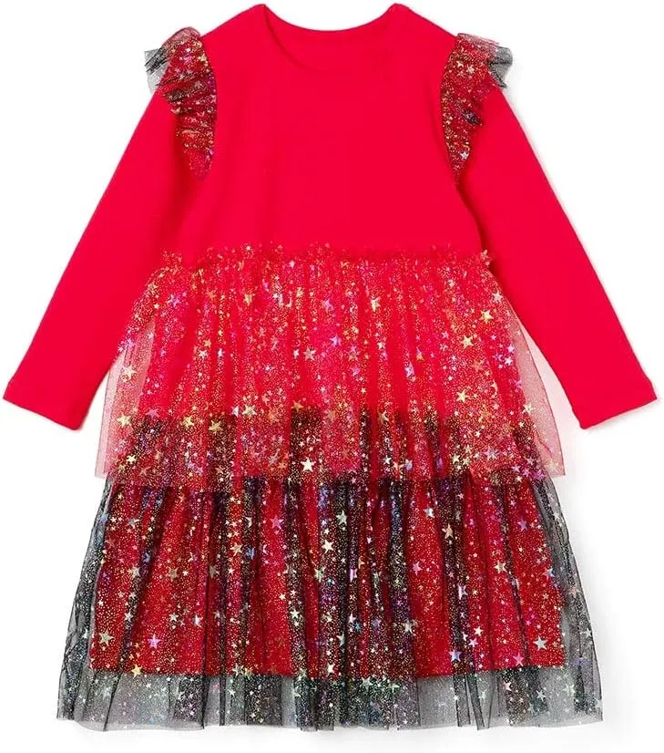 Long Sleeve Halloween Party Tulle Dress Headband Set Costume for Girls Toddler Red US Size 3T~7Y