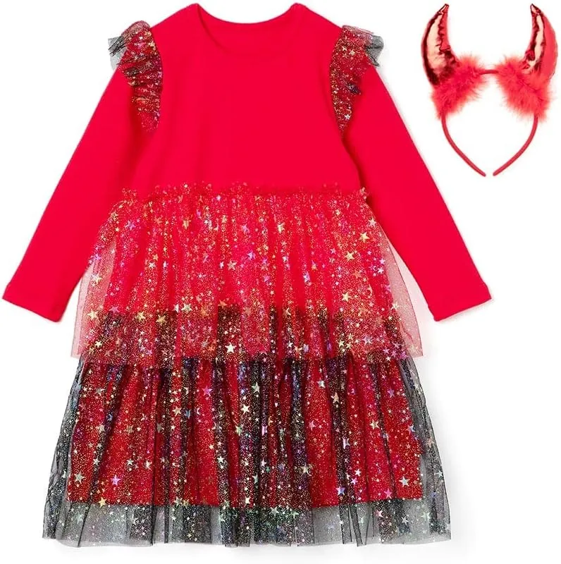 Long Sleeve Halloween Party Tulle Dress Headband Set Costume for Girls Toddler Red US Size 3T~7Y