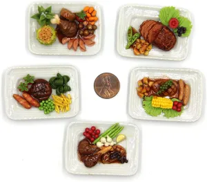Lovely Mixed 5 Assorted Prime Meat Lovers Grilled, Steak, with Appetizer Dish Dollhouse Miniature Food, Tiny Food for Collectibles, Compatible with Barbie Dollhouse and Diorama Scale 1:6, 1/6