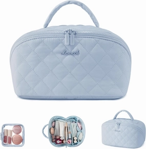 LOVEVOOK Travel Makeup Bag for Women, 2Pcs Set Puffer Waterproof Cosmetic Organizer, Large Capacity Pouch Open Flat Toiletry Bag with Divider & Handle, Portable Gift for Her