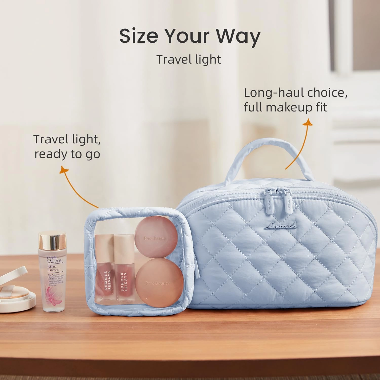 LOVEVOOK Travel Makeup Bag for Women, 2Pcs Set Puffer Waterproof Cosmetic Organizer, Large Capacity Pouch Open Flat Toiletry Bag with Divider & Handle, Portable Gift for Her