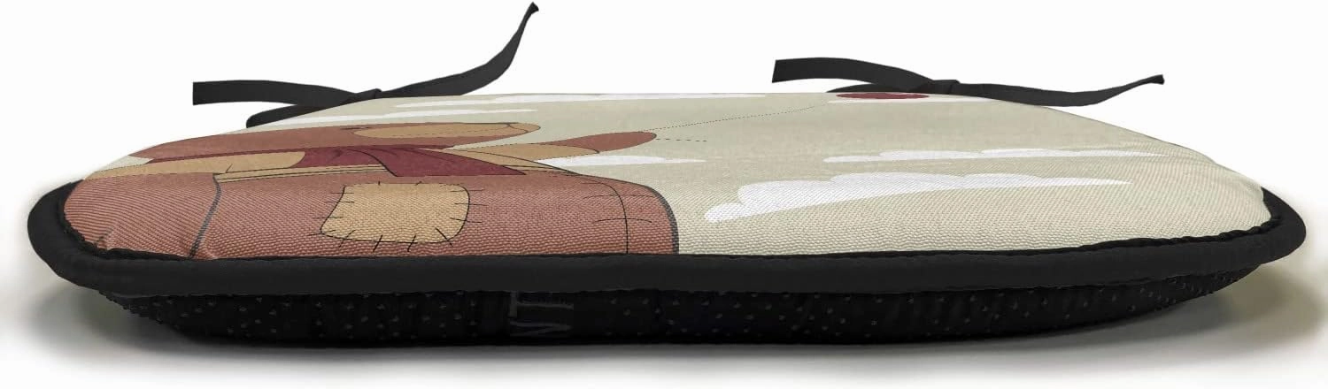 Lunarable Cartoon Chair Cushion Pad, Melancholic Teddy Bear with Scarf Holding Balloon Clouds in The Sky Clipart, Seat Padding for Kitchen & Patio with Anti-Slip Backing, 16"x16", Beige Cinnamon