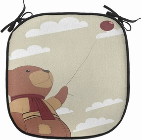 Lunarable Cartoon Chair Cushion Pad, Melancholic Teddy Bear with Scarf Holding Balloon Clouds in The Sky Clipart, Seat Padding for Kitchen & Patio with Anti-Slip Backing, 16"x16", Beige Cinnamon
