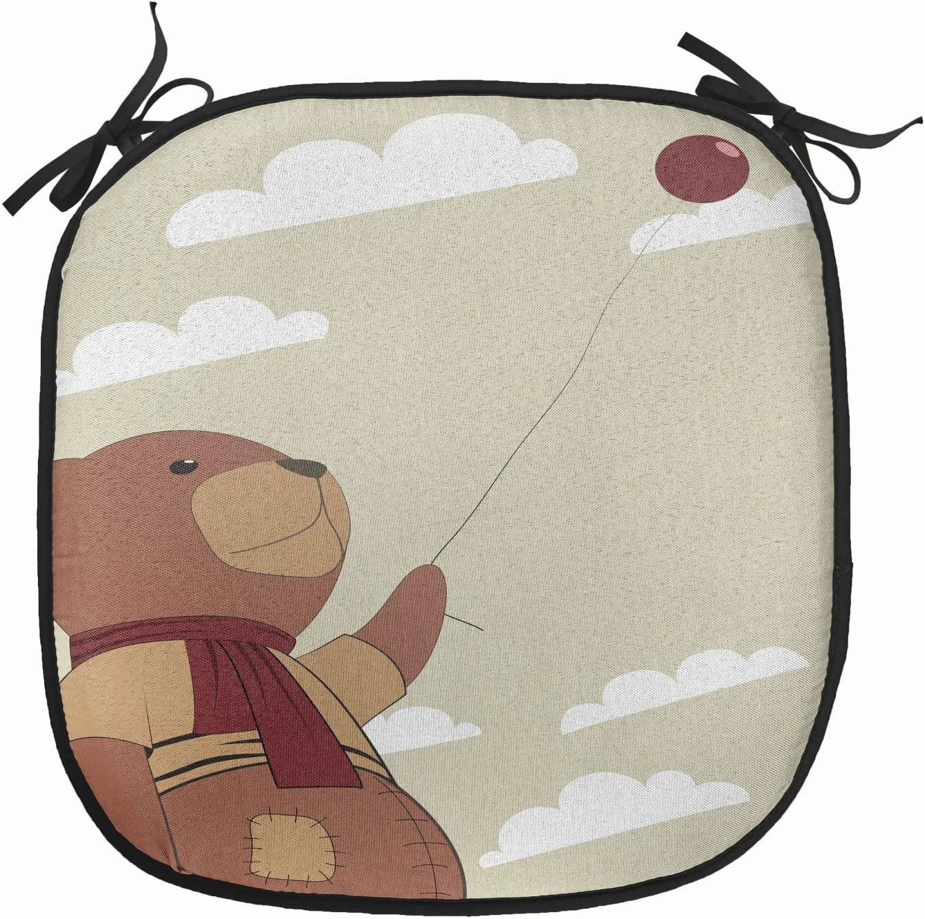 Lunarable Cartoon Chair Cushion Pad, Melancholic Teddy Bear with Scarf Holding Balloon Clouds in The Sky Clipart, Seat Padding for Kitchen & Patio with Anti-Slip Backing, 16"x16", Beige Cinnamon