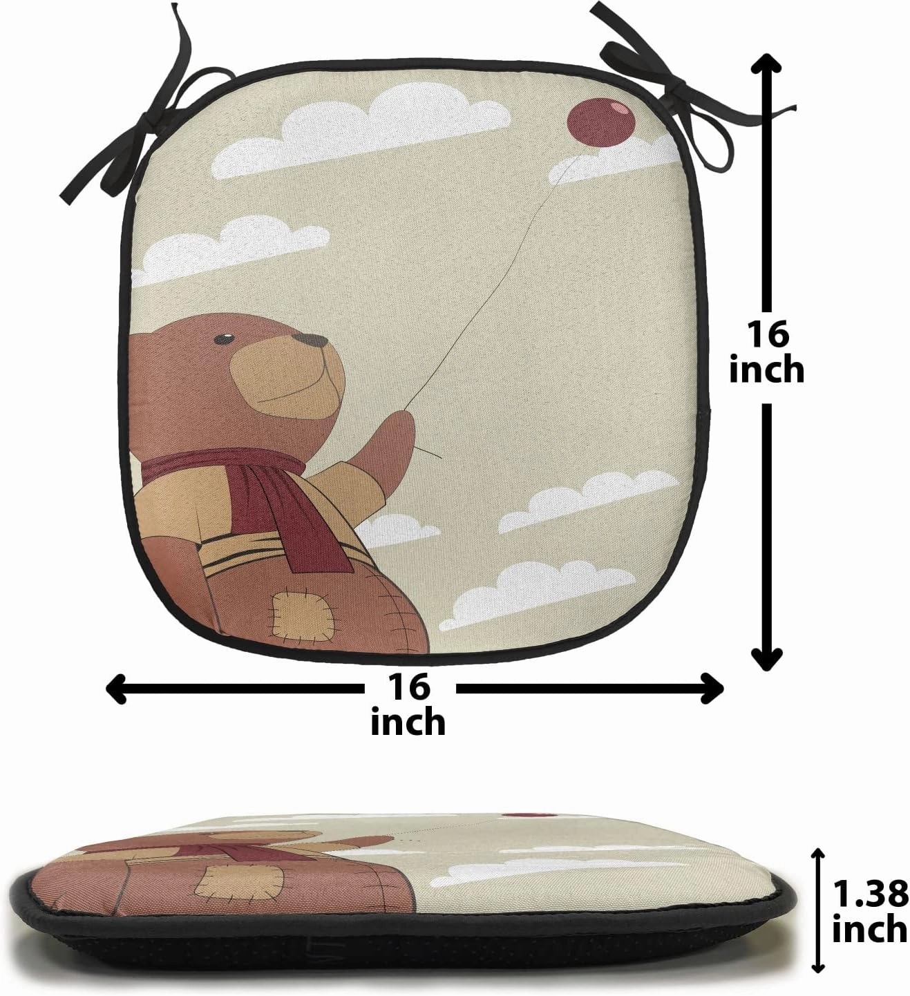 Lunarable Cartoon Chair Cushion Pad, Melancholic Teddy Bear with Scarf Holding Balloon Clouds in The Sky Clipart, Seat Padding for Kitchen & Patio with Anti-Slip Backing, 16"x16", Beige Cinnamon