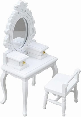 LUOZZY 2Pcs Miniature Furniture Accessories 1:12 Scale Mini Dresser Table and Stool Model Set Doll House Decoration - White