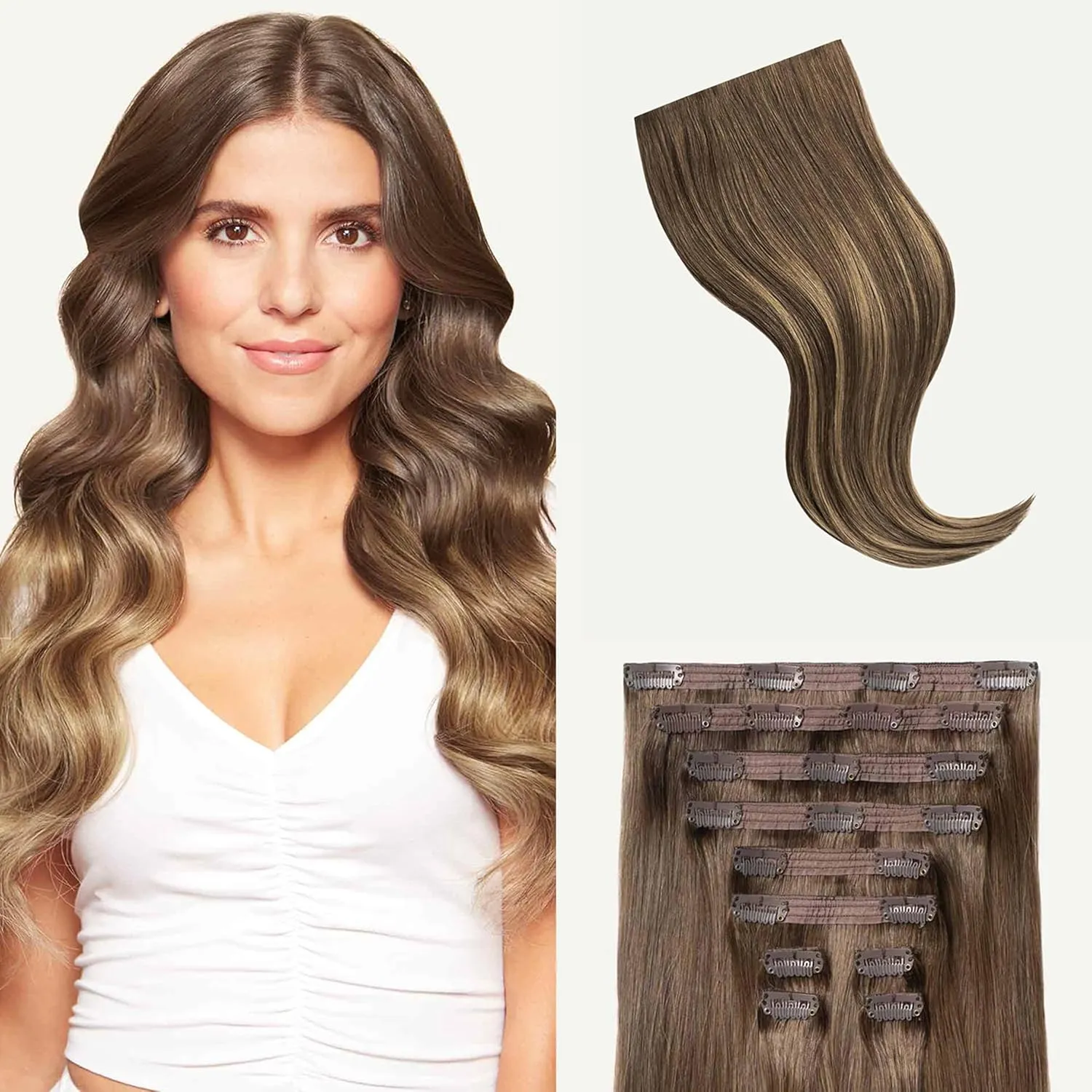 Luxy 100% Remy Human Hair, Classic 160g Clip-In Hair Extensions - 10 Wefts Multi-Dimensional Color for Natural Blending, Adds Volume & Length, Easy Apply & Remove 20" Ash Brown Balayage