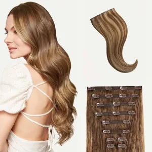 Luxy 100% Remy Human Hair, Classic 160g Clip-In Hair Extensions - 10 Wefts Multi-Dimensional Color for Natural Blending, Adds Volume & Length, Easy Apply & Remove 20" Chestnut Brown Highlights