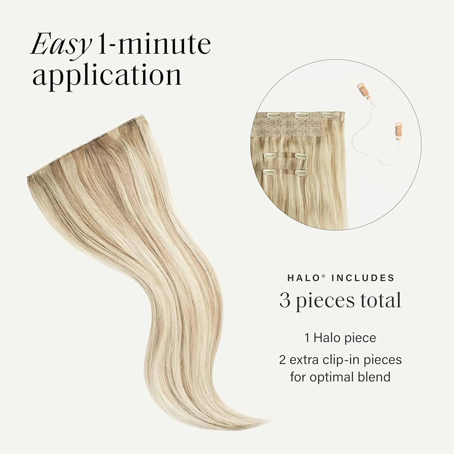 Luxy 100% Remy Human Hair – Halo Clip-In Hair Extensions –Natural Looking Volume & Length - One-Piece - Easy 5-Min Application 140 grams 16" Beige Blonde Balayage