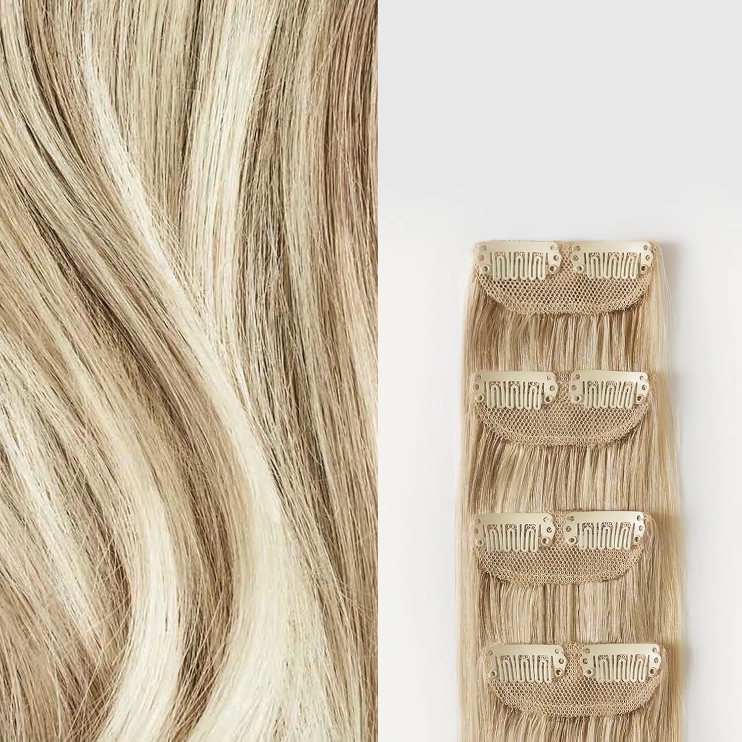 Luxy 100% Remy Human Hair – Scalp Hair Fill-Ins - Clip-Ins for Scalp & Part Line Coverage - Natural Coverage for Thinning Areas, Lightweight Mesh Bands 40 grams 16" Beige Blonde Balayage