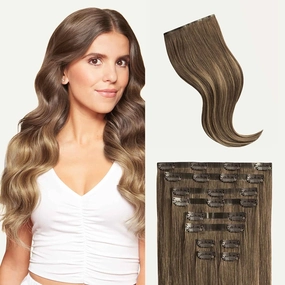 Luxy 100% Remy Human Hair - Seamless Clip-In Hair Extensions - Multi-Dimensional Color for Natural Blending, Adds Volume & Length 240 grams 24" Ash Brown Balayage