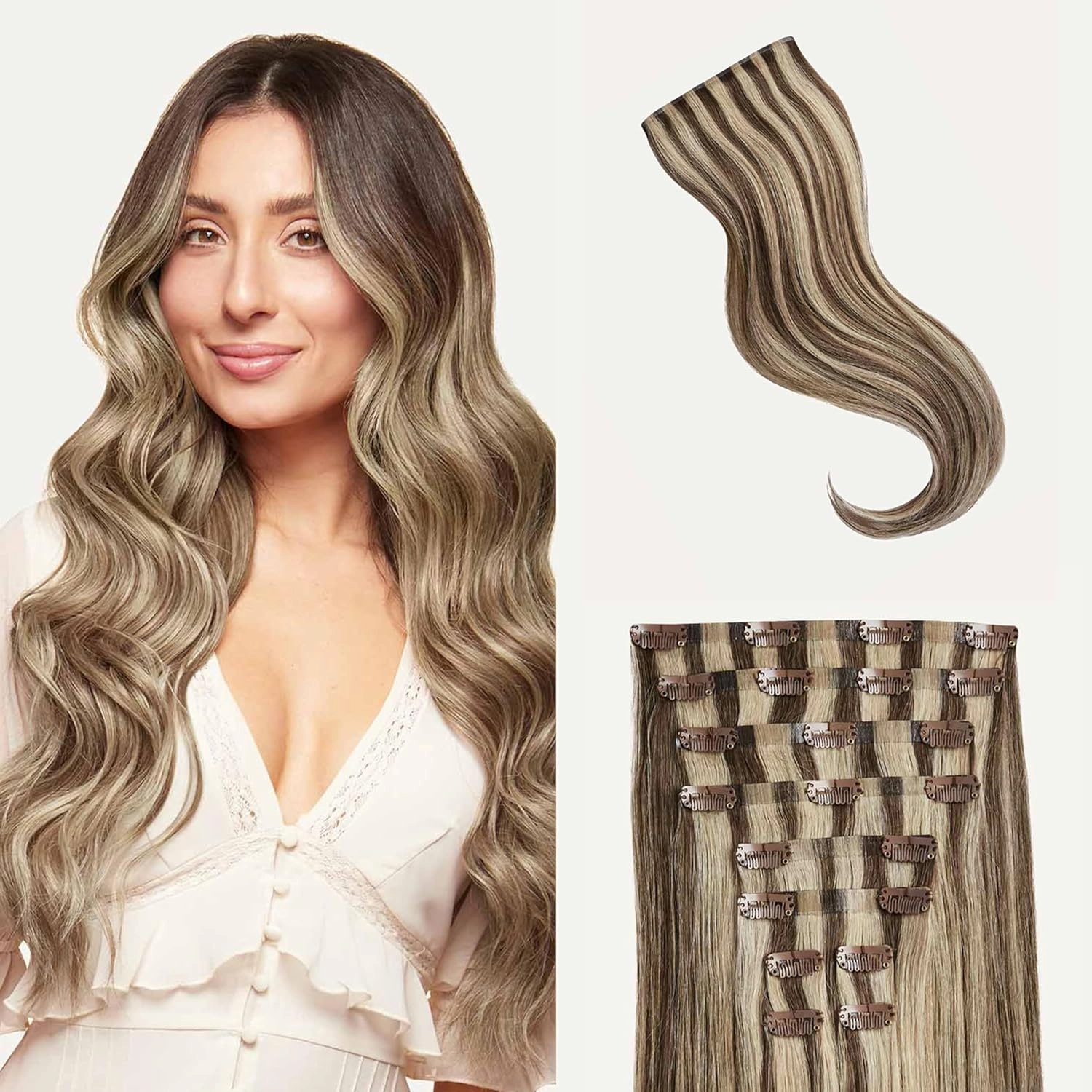 Luxy 100% Remy Human Hair - Seamless Clip-In Hair Extensions - Multi-Dimensional Color for Natural Blending, Adds Volume & Length 240 grams 24" Ash Brown Highlights