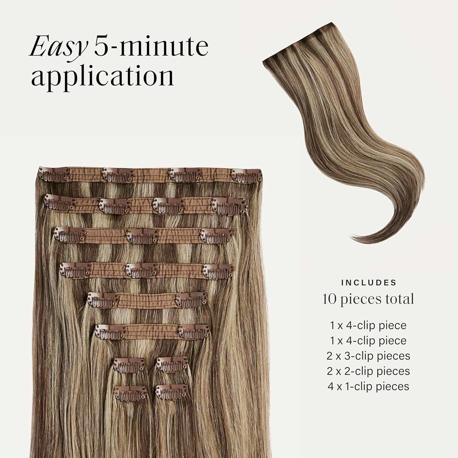 Luxy 100% Remy Human Hair, Classic 160g Clip-In Hair Extensions - 10 Wefts Multi-Dimensional Color for Natural Blending, Adds Volume & Length, Easy Apply & Remove 16" Ash Brown Highlights