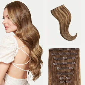 Luxy 100% Remy Human Hair, Classic 160g Clip-In Hair Extensions - 10 Wefts Multi-Dimensional Color for Natural Blending, Adds Volume & Length, Easy Apply & Remove 16" Chestnut Brown Highlights