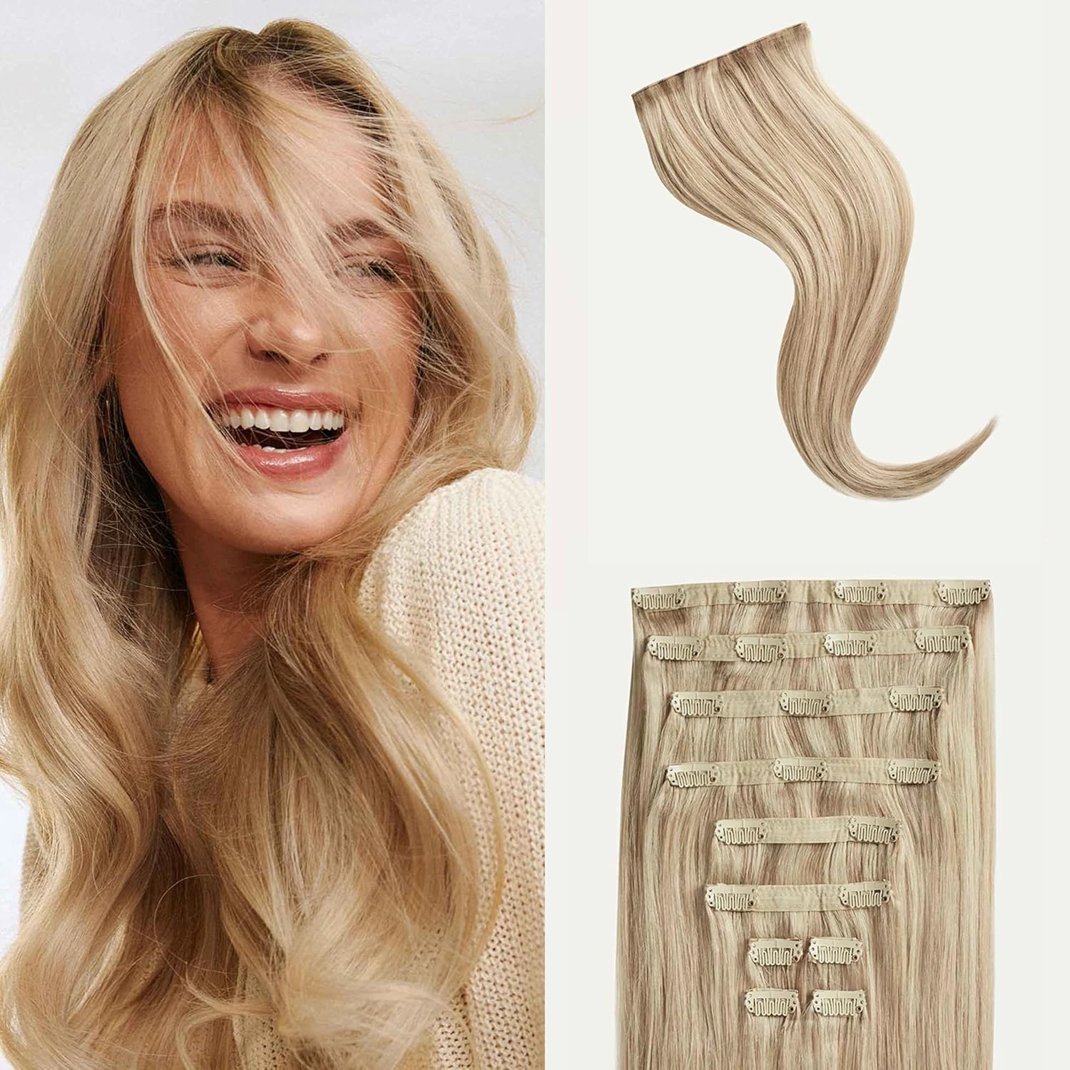 Luxy 100% Remy Human Hair, Classic 160g Clip-In Hair Extensions - 10 Wefts Multi-Dimensional Color for Natural Blending, Adds Volume & Length, Easy Apply & Remove 16" Dimensional Beige Blonde
