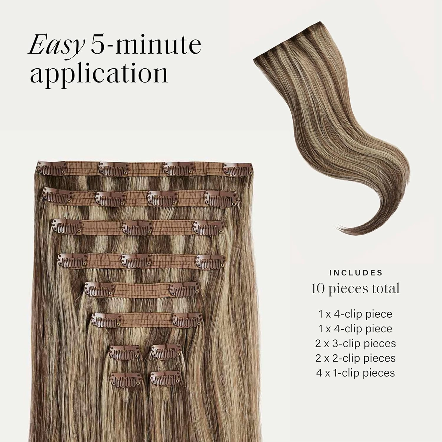 Luxy Hair 20" Ash Brown Highlights Thick Classic Clip-In Hair Extensions (220 grams) 100% Remy Human Hair, Thick, Natural,Volume, 10-Piece Set, Blends Easily