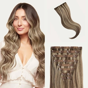 Luxy Hair 20" Ash Brown Highlights Thick Classic Clip-In Hair Extensions (220 grams) 100% Remy Human Hair, Thick, Natural,Volume, 10-Piece Set, Blends Easily