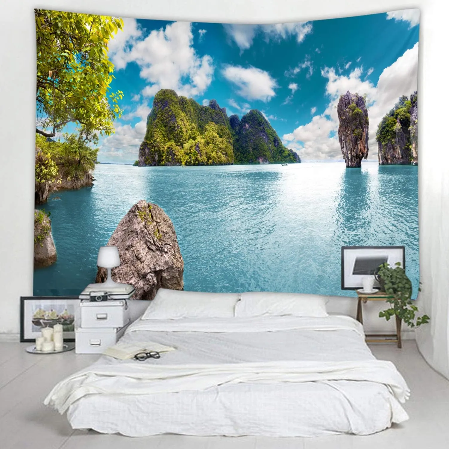 LYFANS Blue Lake Island Printed Fabric Tapestry Decorative Wall Art Tablecloth bedspread Picnic blanket Beach towel Bedroom Dormitory Living Room Multifunctional tapestry 79 x 59 inches