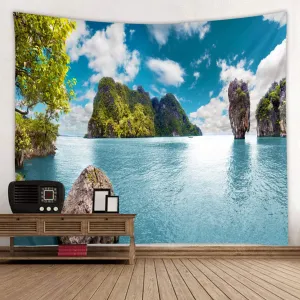 LYFANS Blue Lake Island Printed Fabric Tapestry Decorative Wall Art Tablecloth bedspread Picnic blanket Beach towel Bedroom Dormitory Living Room Multifunctional tapestry 79 x 59 inches
