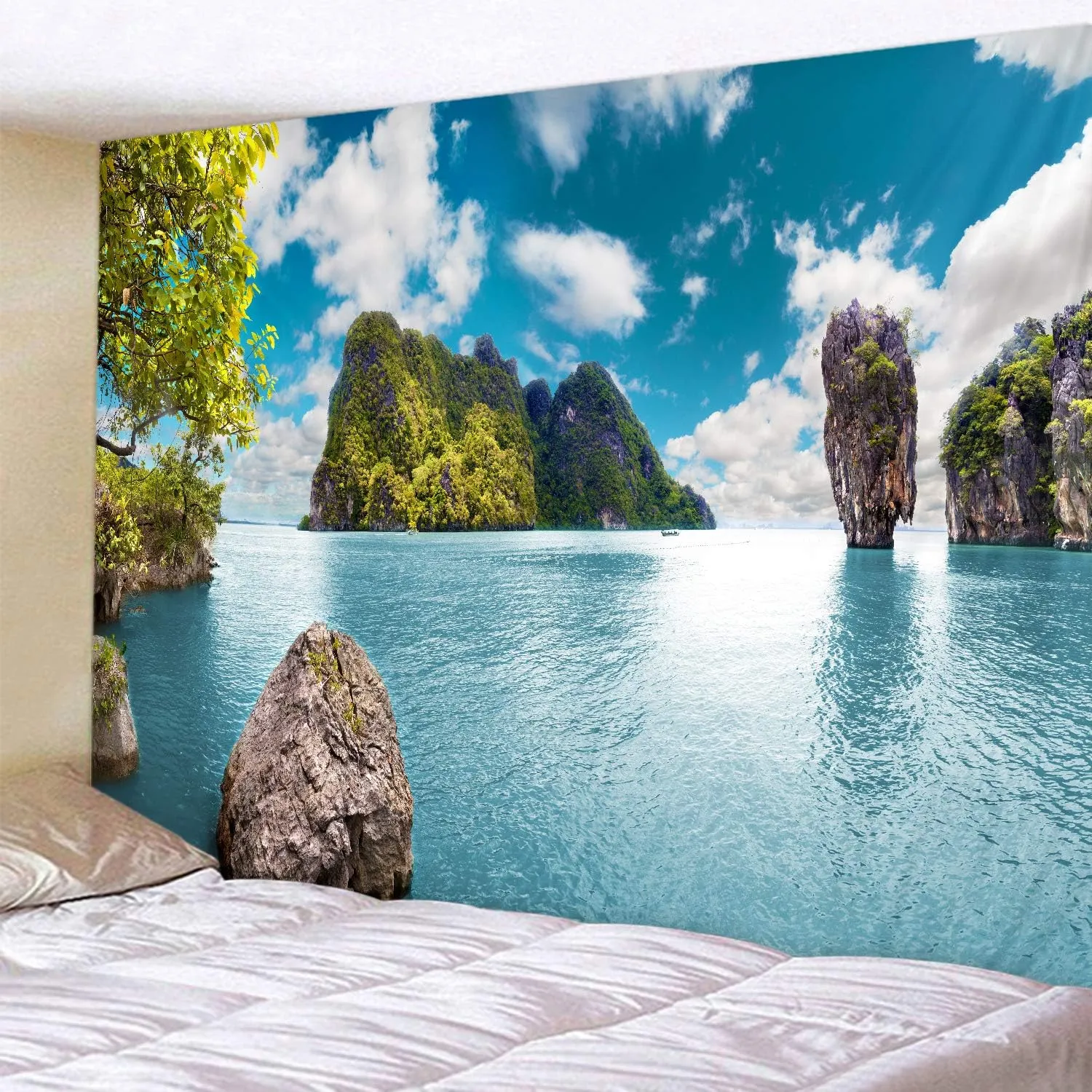 LYFANS Blue Lake Island Printed Fabric Tapestry Decorative Wall Art Tablecloth bedspread Picnic blanket Beach towel Bedroom Dormitory Living Room Multifunctional tapestry 79 x 59 inches