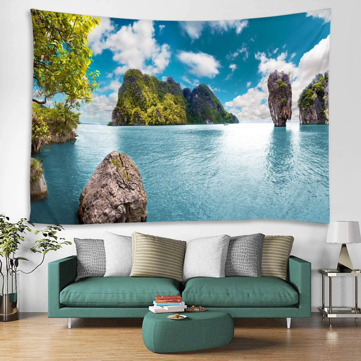 LYFANS Blue Lake Island Printed Fabric Tapestry Decorative Wall Art Tablecloth bedspread Picnic blanket Beach towel Bedroom Dormitory Living Room Multifunctional tapestry 79 x 59 inches