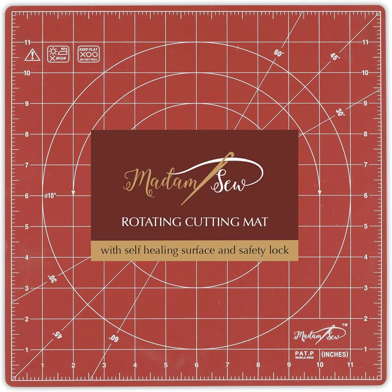 Madam Sew 360 Degree Rotating Self Healing Cutting Mat for Crafts, Sewing, and Quilting – 12x12 cutting matts for sewing Lockable Non-Slip Base and Accurate Grid and Bias Lines for Precise Cuts