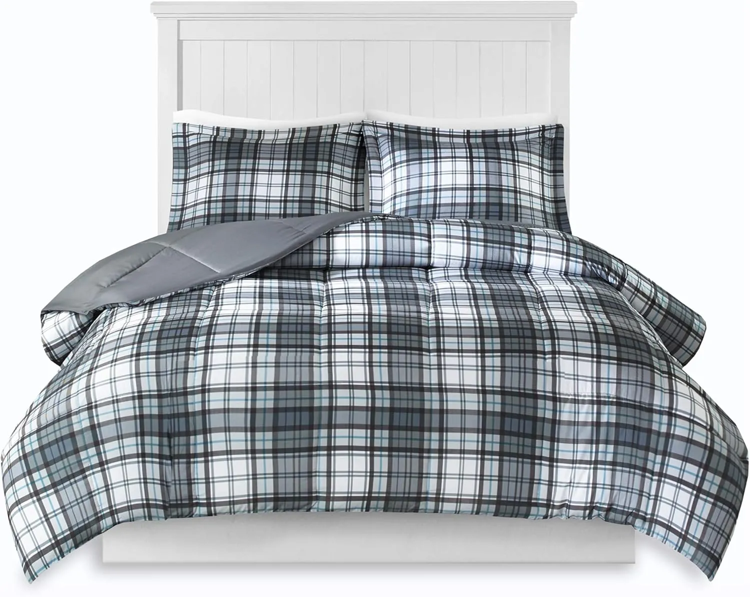 Madison Park Essentials Parkston Plaid Comforter, Matching Sham, 3M Scotchguard Stain Release Cover, Hypoallergenic All Season Bedding-Set, Full/Queen, Grey, 3 Piece