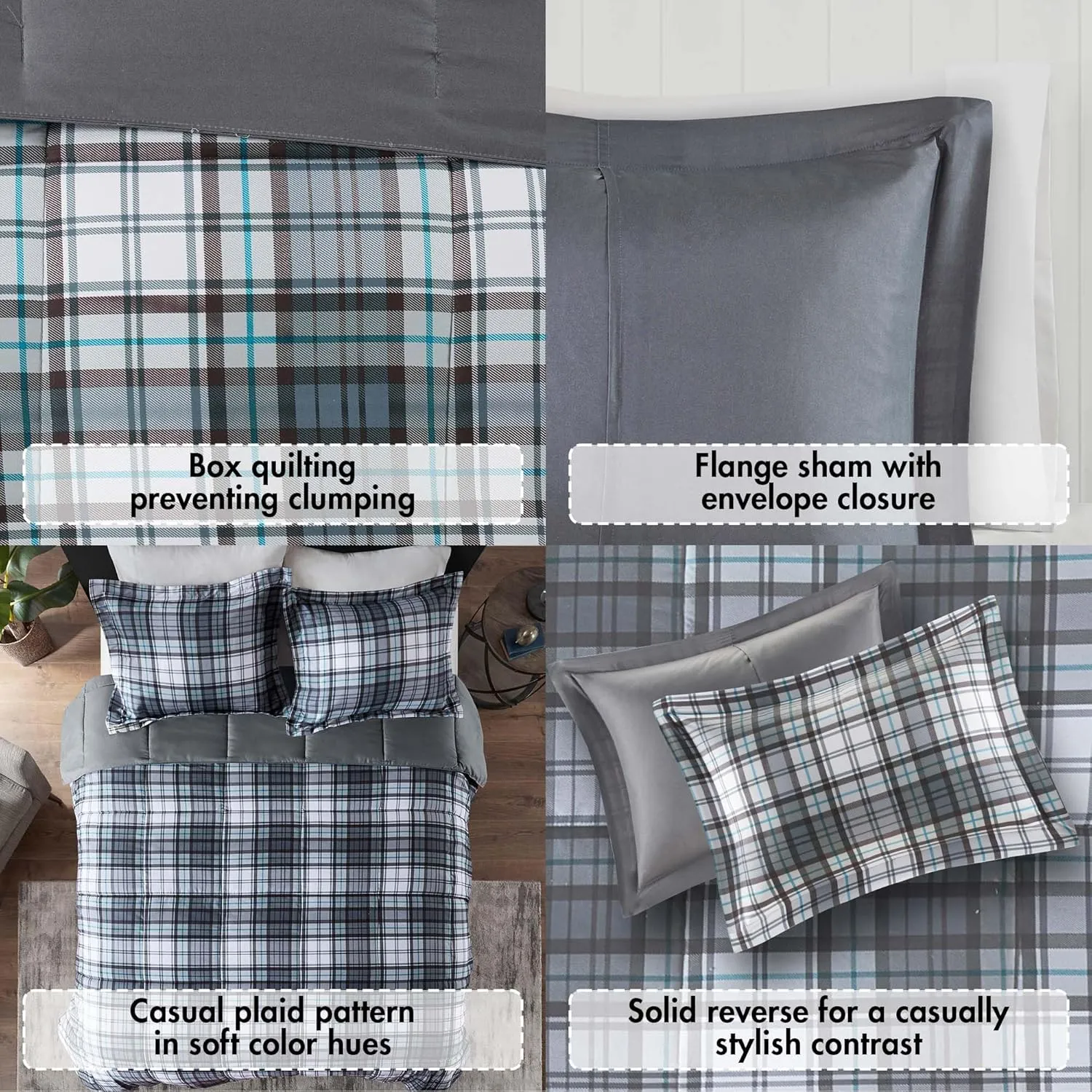 Madison Park Essentials Parkston Plaid Comforter, Matching Sham, 3M Scotchguard Stain Release Cover, Hypoallergenic All Season Bedding-Set, Full/Queen, Grey, 3 Piece