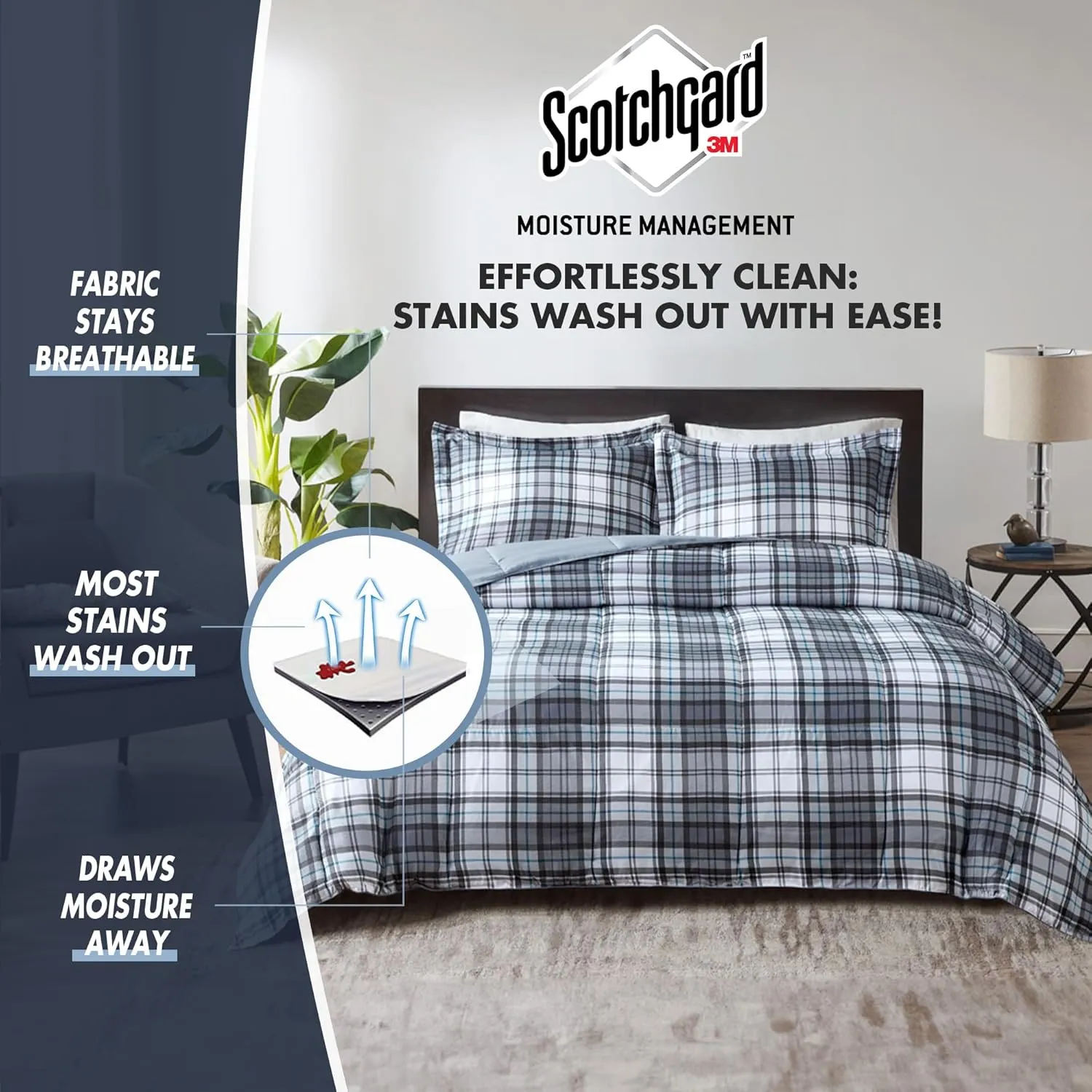 Madison Park Essentials Parkston Plaid Comforter, Matching Sham, 3M Scotchguard Stain Release Cover, Hypoallergenic All Season Bedding-Set, Full/Queen, Grey, 3 Piece