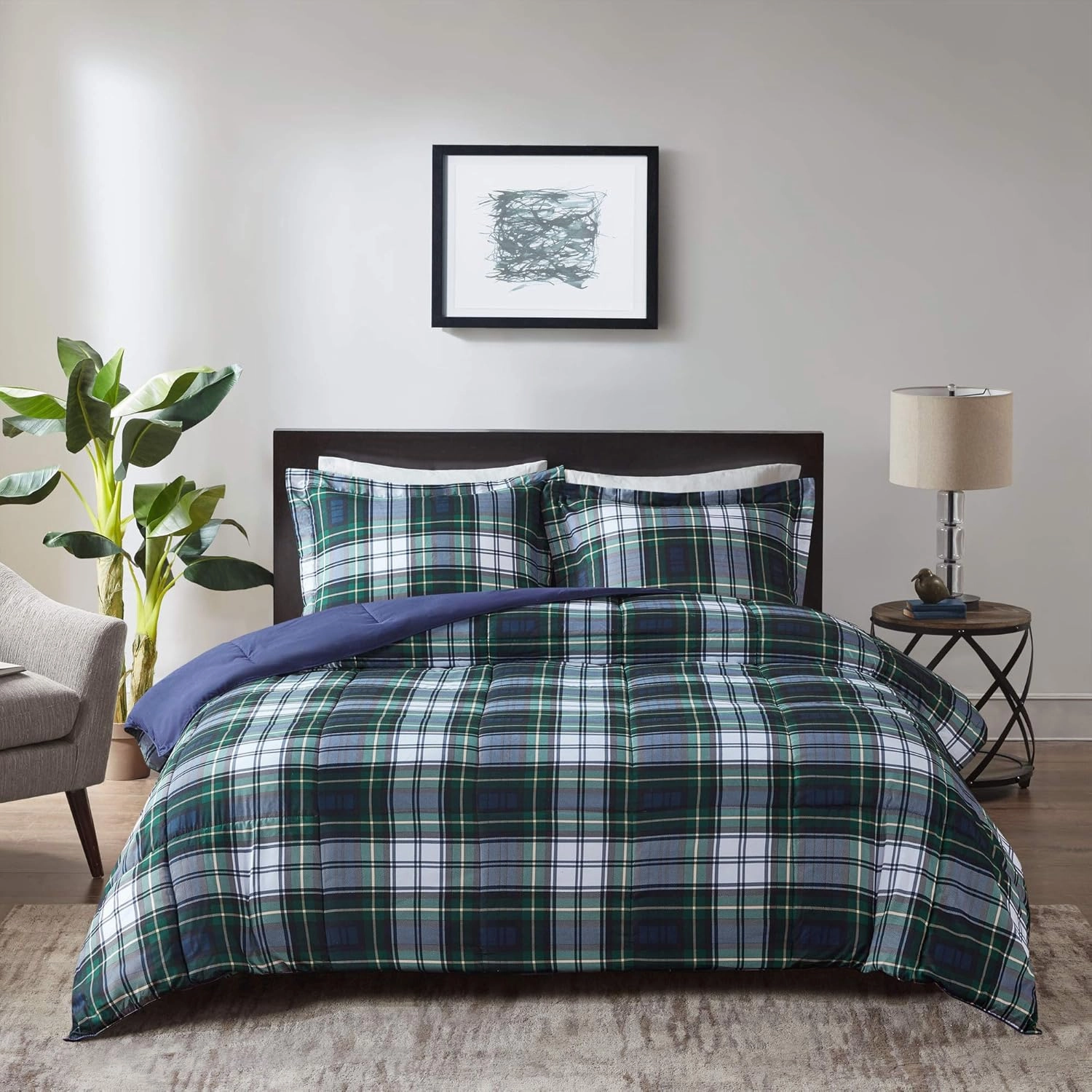 Madison Park Essentials Parkston Plaid Comforter, Matching Sham, 3M Scotchguard Stain Release Cover, Hypoallergenic All Season Bedding-Set, Full/Queen, Navy, 3 Piece